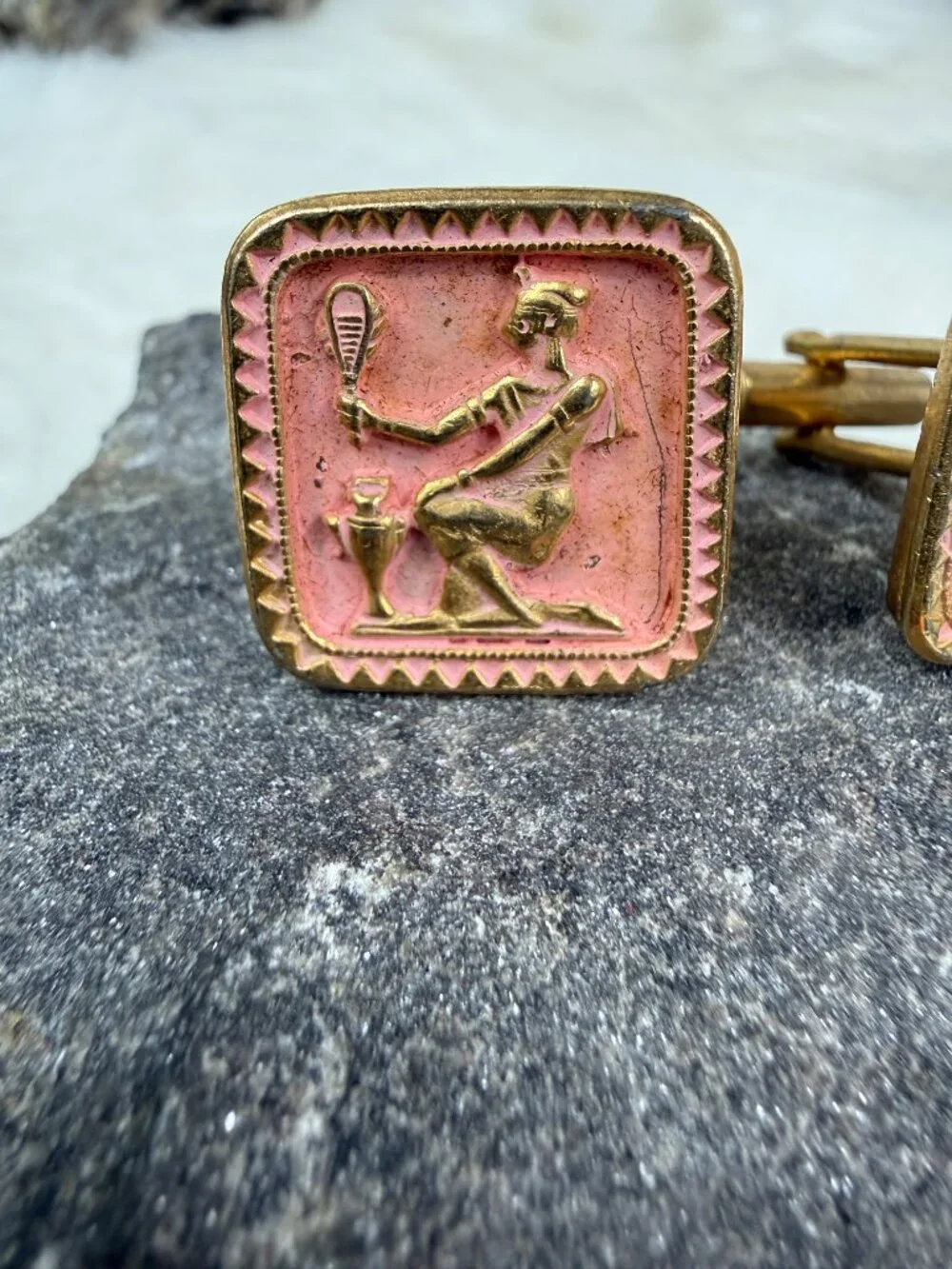 Vintage Egyptian Inspired Pink & Gold Tone Cuff Links Cufflinks Grecian Roman